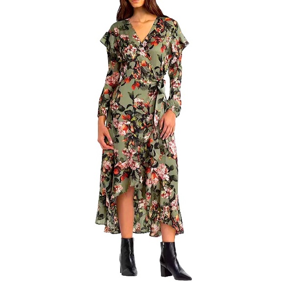 GIGI PARKER • Ruffled Long Sleeve Wrap Dress Safari Floral Deep Lichen Green NWT - Picture 3 of 13